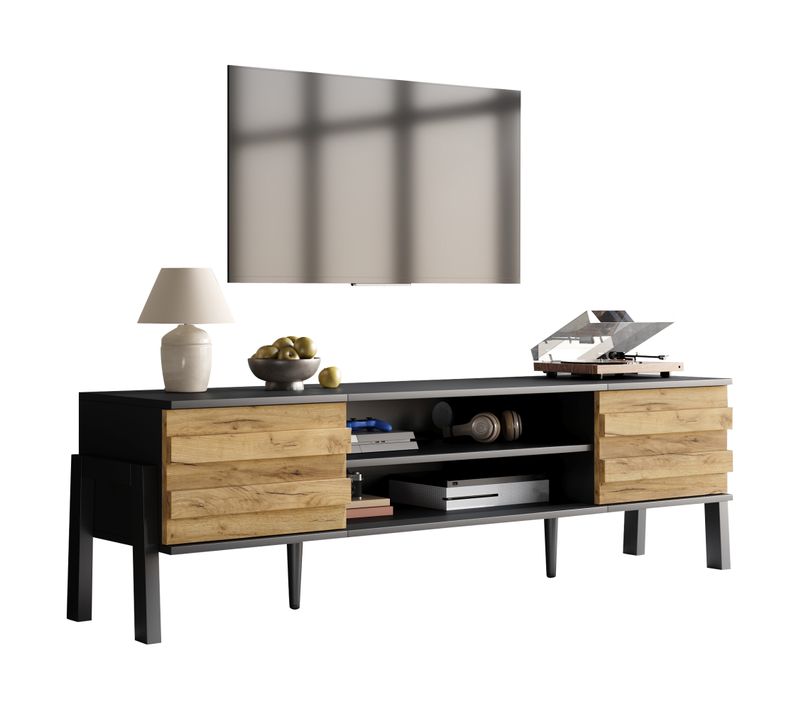 Meuble TV 175x39.5x53cm 2 Portes + Étagères Ouvertes, Pour TV 70 Pouces, Noir