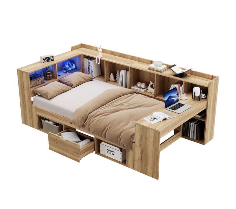 Lit Enfant 90x200cm Avec Bureau Intégré, LED, USB, 1 Tiroir, Mdf, Couleur Naturelle