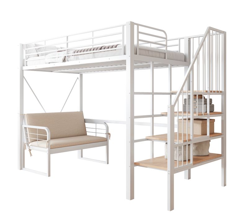Lit Mezzanine 90x200cm Avec Canapé Rembourré Et échelle De Rangement, En Métal + Mdf, Blanc
