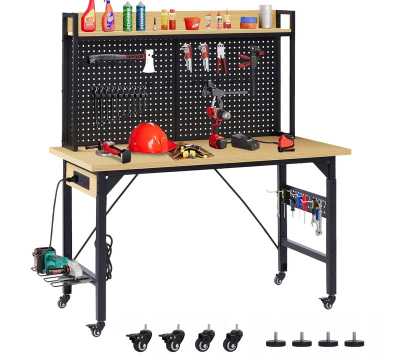 Établi Réglable 120x60 Cm Avec Hauteur Réglable, 18 Crochets, Prises USB-c, Roulettes, Acier, Noir