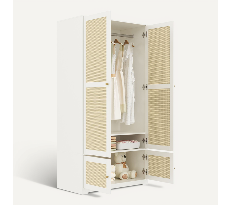 Armoire 2 Portes Rotin 90x48x180cm, Avec Tringle À Vêtements Et étagère, Mdf, Blanc
