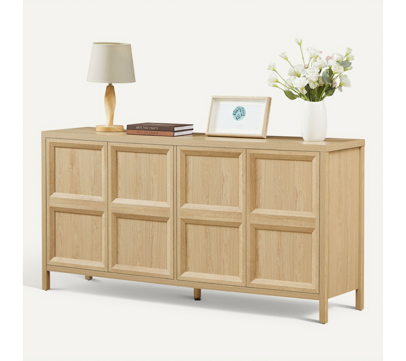 Buffet 160x40x80cm, Avec 4 Portes, Ouverture Push To Open + Fermeture Douce, En Mdf, Chêne