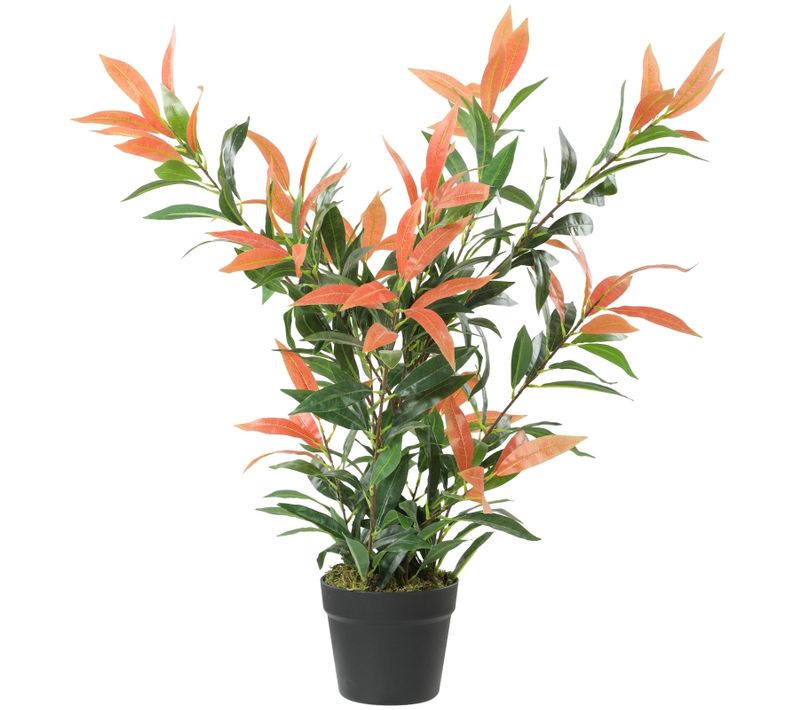 Plante Artificielle Glanzmispel 90 Cm Avec 300 Feuilles Branches Réglables, Plastique, Rouge/vert