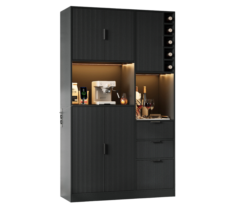 Buffet de Cuisine Noir MDF 5 Portes, 3 Tiroirs, Casier à Vin, LED Multicolore, USB-C