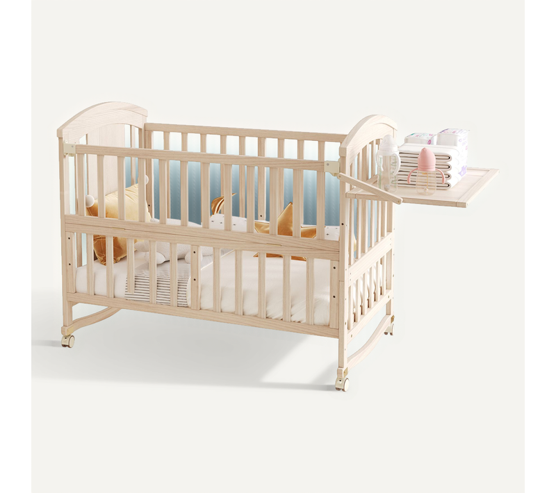 Lit Bébé Multifonction 120x60 Cm Avec Table à Langer, Bois Massif, Couleur Naturelle