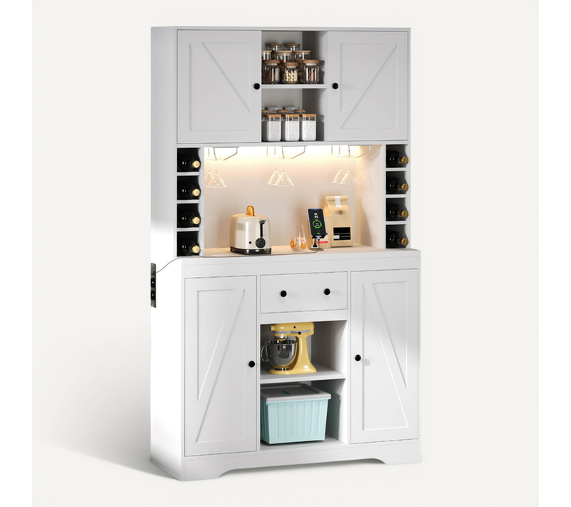 Buffet De Cuisine Avec 4 Portes, 1 Tiroir, Casier à Vin, LED, USB-c, Étagères Réglables, Mdf, Blanc