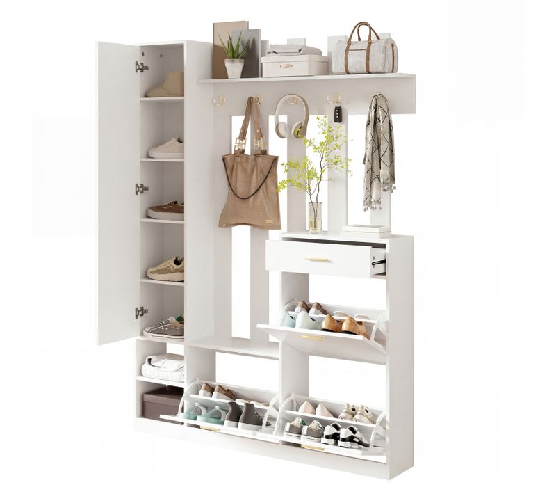 Vestiaire 133x23.5x180 Cm Avec 3 Bascules À Chaussures + Miroir + 1 Tiroir, Blanc
