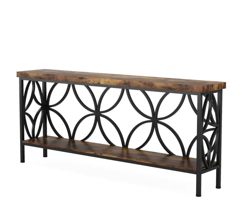 Table Console 160x30x80 Cm Avec Pieds Réglables, 2 Niveaux Ouverts, En Bois Et Métal, Noir