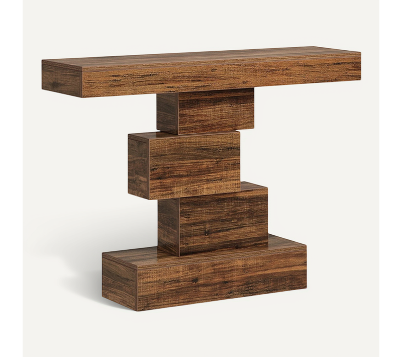 Table Console 108x30x80 Cm Avec Base Géométrique, Idéale Pour Entrée, Salon, En Bois, Brun Foncé