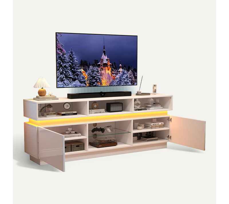 Meuble TV 160x35x60 Cm Avec 2 Portes, LED, 1 Étagère En Verre, Pour TV 60 Pouces, En Mdf, Blanc