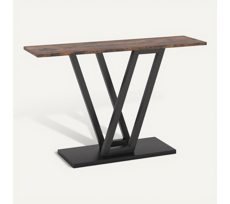 Table Console Pour Entrée Salon 110x30x80 Cm Avec Plateau En Bois, Pied En V Métal, Noir
