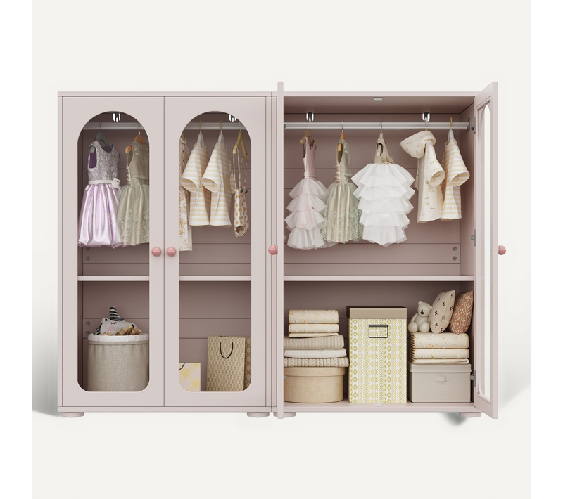 Lot De 2 Armoires Pour Enfants 160x50x120cm, Avec Cintre, Porte En Acrylique Transparent, Rose