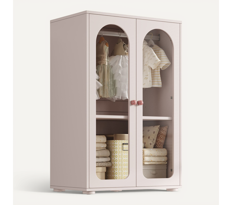 Armoire Pour Enfants 2 Portes 80x50x120cm, Avec Cintre, Porte En Acrylique Transparent, Rose Bébé