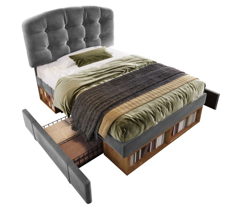 Lit Enfant 90x200 Cm En Velours Gris Avec Tête De Lit Réglable, Tiroirs Et Étagères