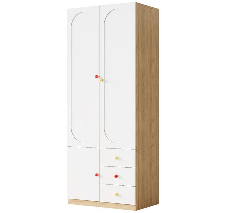 Armoire De Chambre enfant 3 Portes 3 Tiroirs 80x45x200cm, Poignées En Céramique Colorée, Mdf, Blanc