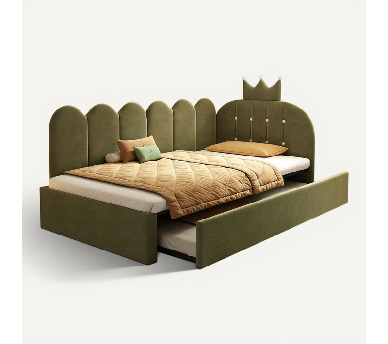 Lit Enfant 90x200 Cm Avec Lit Gigogne 90x190 Cm, Velours Vert, Design Couronne