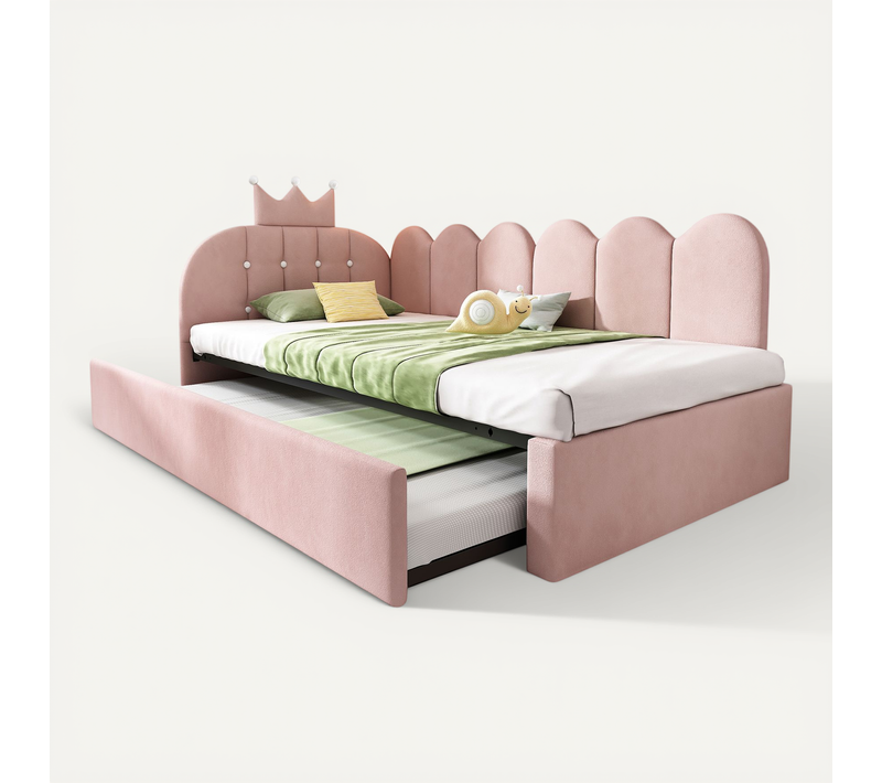 Lit Enfant 90x200 Cm Avec Gigogne 90x190 Cm, Velours Rose, Tête Couronne Et Cadre L