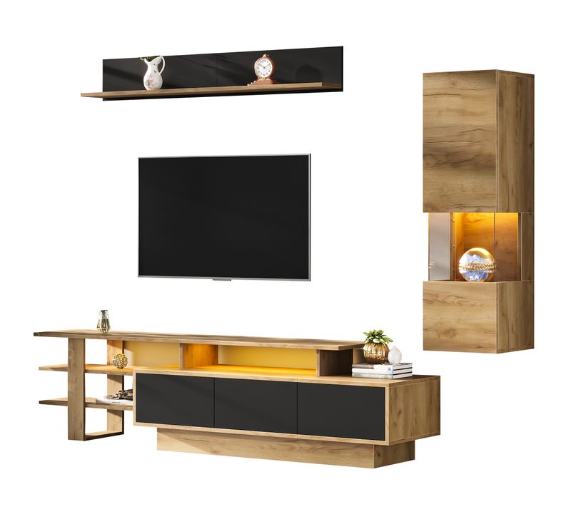 Ensemble Meuble TV 3 Pièces Bois Naturel Noir, Pour écran 80 Pouces, Avec LED, 1 Porte, 3 Tiroirs