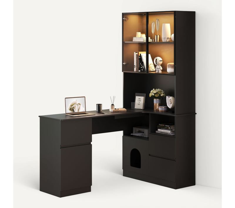 Bureau D'angle 120x80x180cm Avec Vitrine LED, Gestion Des Câbles, 3 Tiroirs, 4 Portes, Mdf, Noir