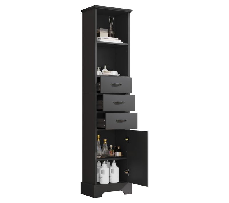 Colonne De Salle De Bain 38x26x172,5cm, 1 Porte + 3 Tiroirs + étagères Ouvertes, En Mdf, Noir