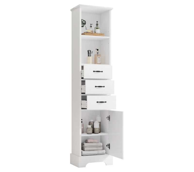 Colonne De Salle De Bain 38x26x172,5cm, 1 Porte + 3 Tiroirs + étagères Ouvertes, En Mdf, Blanc