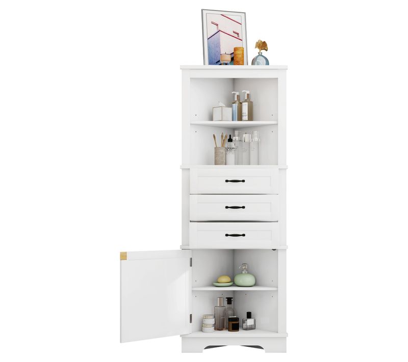 Colonne De Salle De Bain D'angle 57,7×46×167,5cm, 3 Tiroirs + Placard + 2 Niches, En Mdf, Blanc