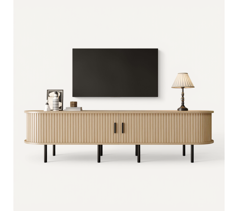Meuble TV L.170 Cm, 2 Portes Coulissantes, 2 étagères, Pieds De Meuble En Métal, En Mdf, Naturel
