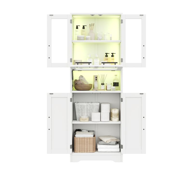 Colonne De Salle De Bain 60x30x170cm, Avec 5 Portes + étagères Réglables, LED, Mdf + Verre, Blanc
