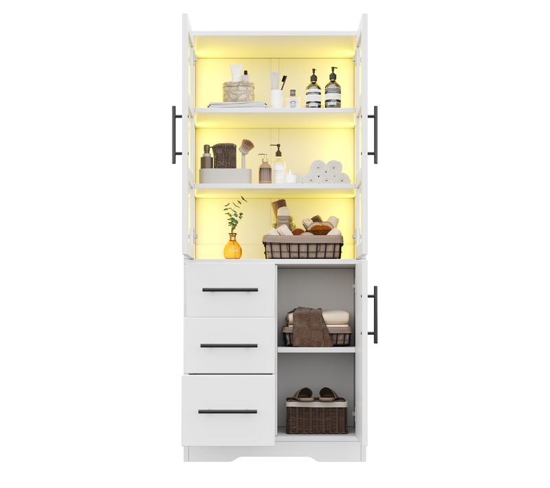 Colonne De Salle De Bain 72x35x170cm, Avec 3 Portes + 3 Tiroirs, LED, En Mdf + Verre, Blanc