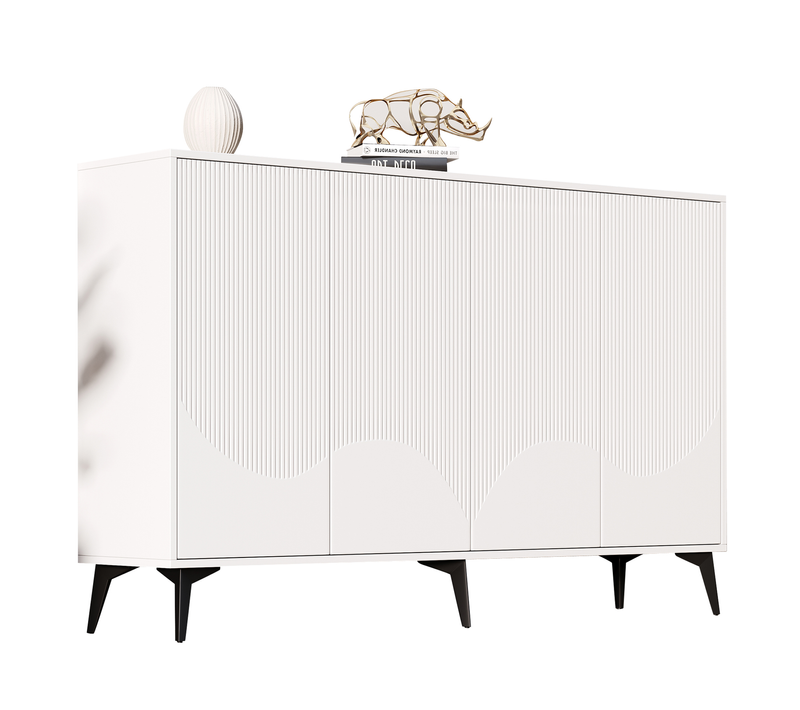 Buffet L.160 Cm Avec 4 Portes Sans Poignées, Pieds En Métal, En Panneau De Particules, Blanc