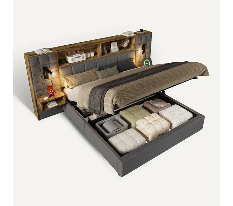 Lit Coffre Adulte 180x200cm Avec 2 Lampes De Lecture, Tables De Chevet, Ports USB, En Lin, Gris