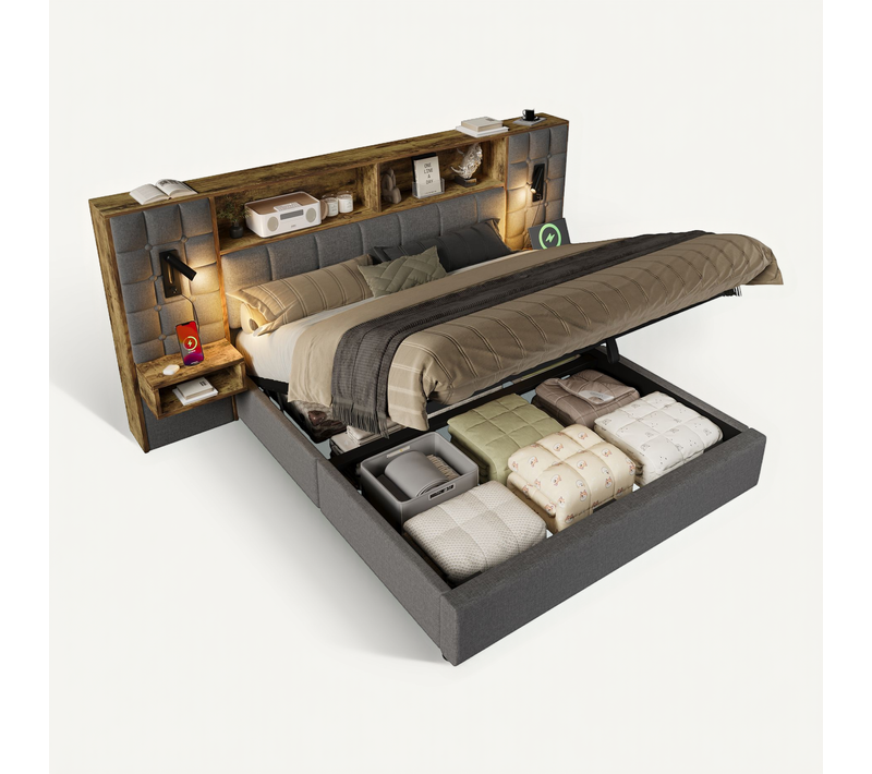Lit Coffre Adulte 160x200cm Avec 2 Lampes De Lecture, Tables De Chevet, Ports USB, En Lin, Gris