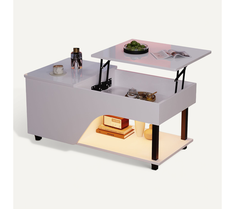 Table Basse Réglable 50x100x46/60cm Avec Rangement Caché, 2 Niches, LED, Pieds En Métal, Blanc