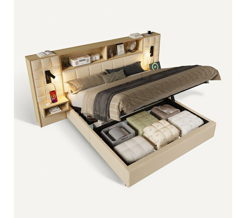 Lit Coffre Adulte 160x200cm Avec 2 Lampes De Lecture, Tables De Chevet, Ports USB, En Lin, Beige