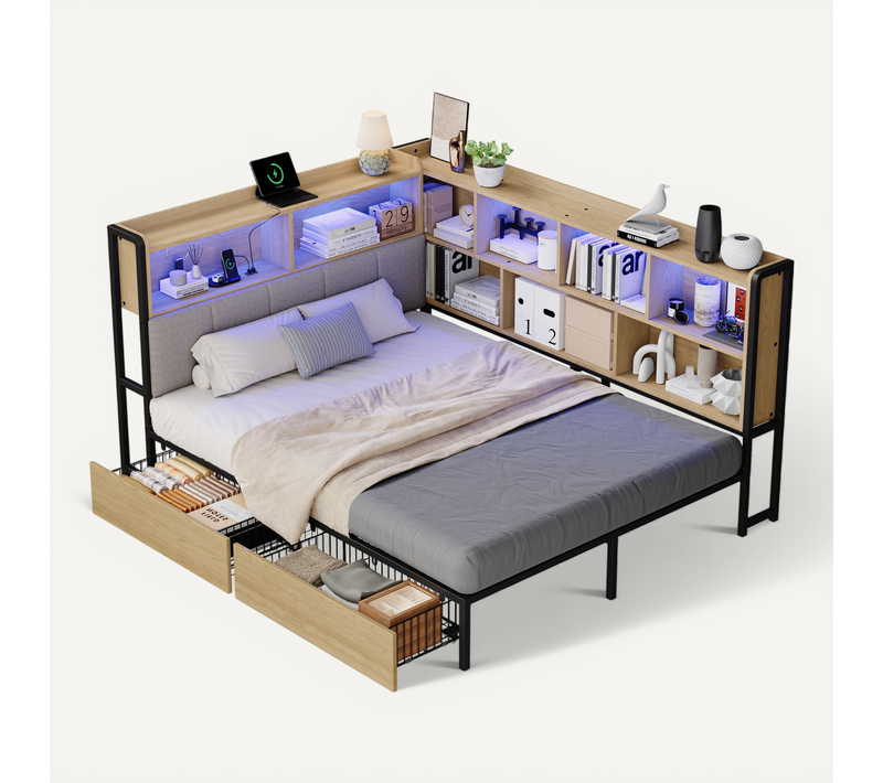 Lit Adulte 140x200cm Avec LED, USB/type-c, 2 Tiroirs, Compartiment De Rangement, Mdf+métal, Naturel