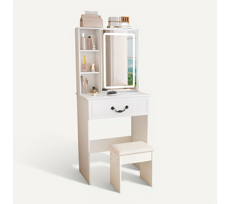 Coiffeuse Minimaliste Avec Miroir LED, Rangement Caché, Tabouret, 60x36x131.5cm, En Mdf, Blanc