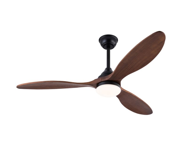Ventilateur De Plafond Lumineux 52 Pouces, 3 Pales Bois Massif, Télécommande, Noir + Noyer Foncé