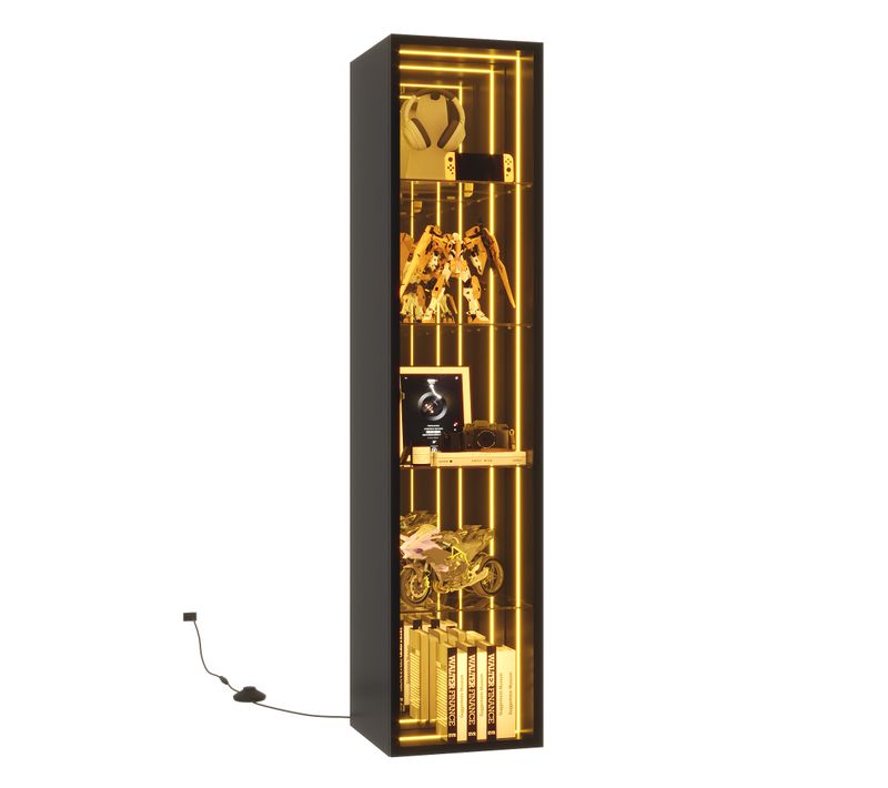 Vitrine LED H.160cm 5 Compartiments, 1 Porte, Cadre Aluminium, Verre Trempé, Noir