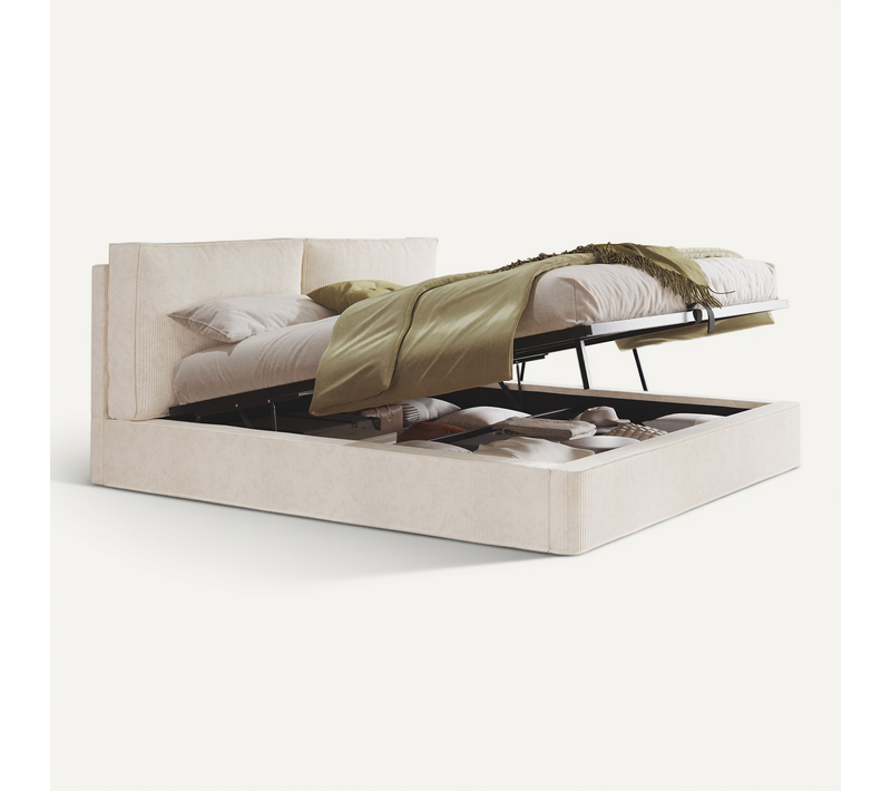 Lit Coffre Adulte 180x200cm Avec Rangement Hydraulique, Design Carré Simple, Velours Côtelé, Beige