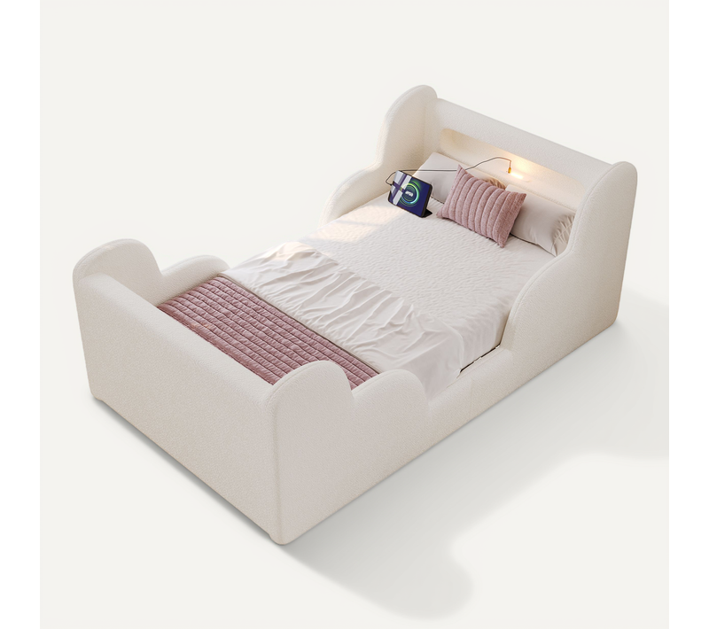 Lit Enfant 90x200cm Avec Garde-corps Rembourré, USB/type-c, Pieds En Bois Massif, En Bouclé, Beige