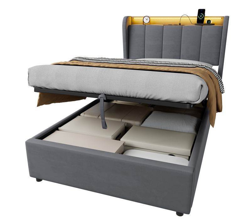 Lit Coffre Enfant 90x200cm, Relevage Hydraulique, Rangement Intégré, Velours, Gris Foncé