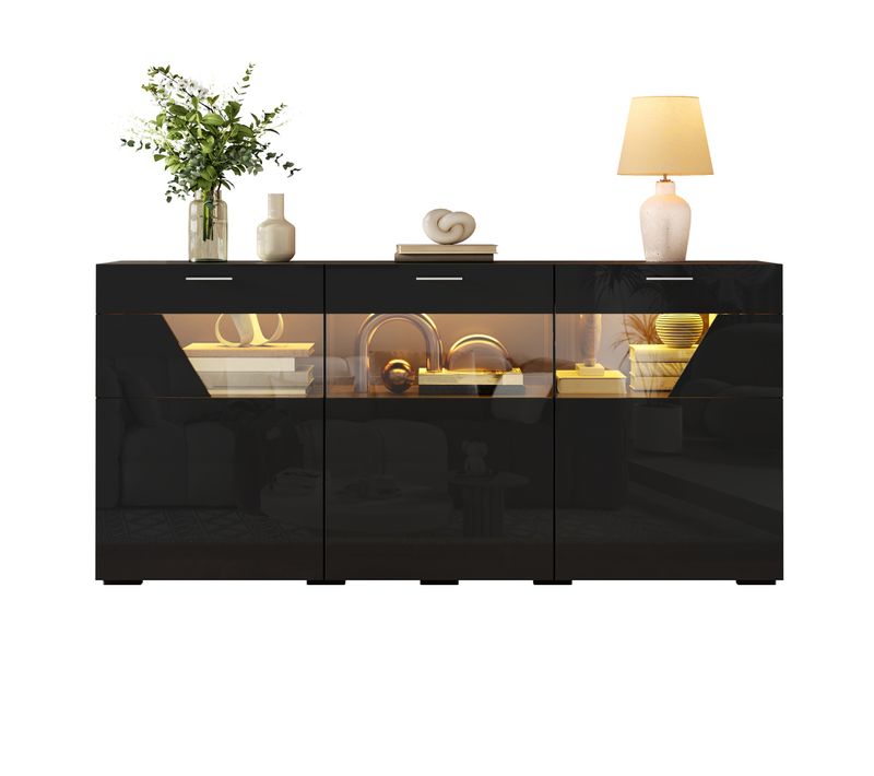 Buffet 160x38x78 Cm 3 Portes Avec LED, En Panneau De Particules Noir