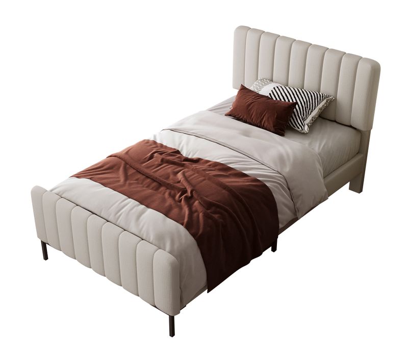 Lit Enfant 90x190 Cm Tête De Lit Réglable En Lin Beige Gris