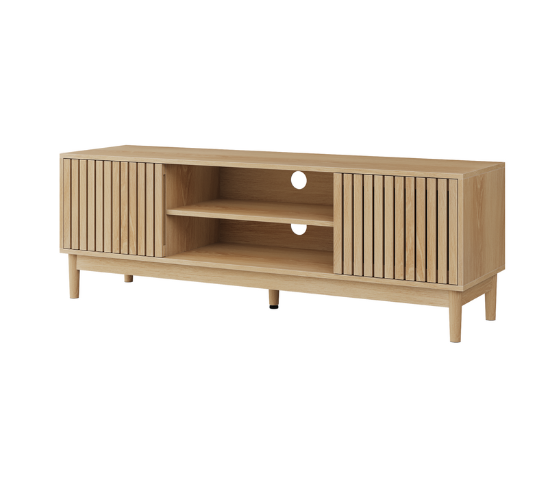 Meuble TV 140x39x48 Cm Pour TV Jusqu’à 65 Pouces, 2 Portes Et 2 Niches, En Mdf Chêne