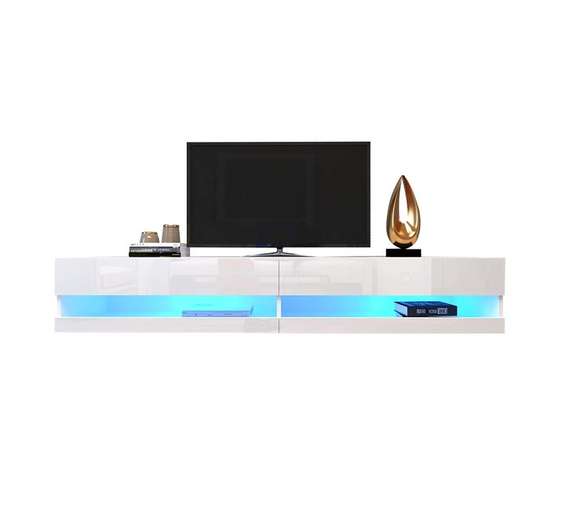 Meuble TV Suspendu Mural 140x40x30.5 Cm Blanc Avec LED, Ports USB Et Rangement Ouvert