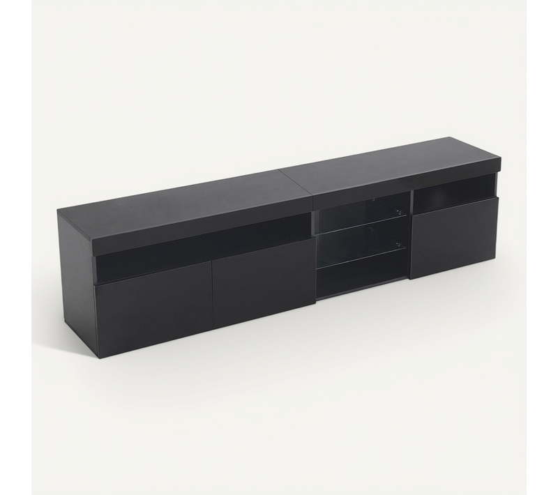 Meuble TV 180cm Noir Laqué LED Avec 3 Portes Et 5 Niches, Étagères Verre, Rangement Idéal