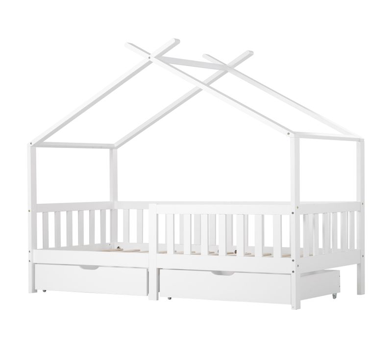 Lit Enfant Cabane 90x200 Cm Avec 2 Tiroirs De Rangement, Pin Blanc, Sommier à Lattes