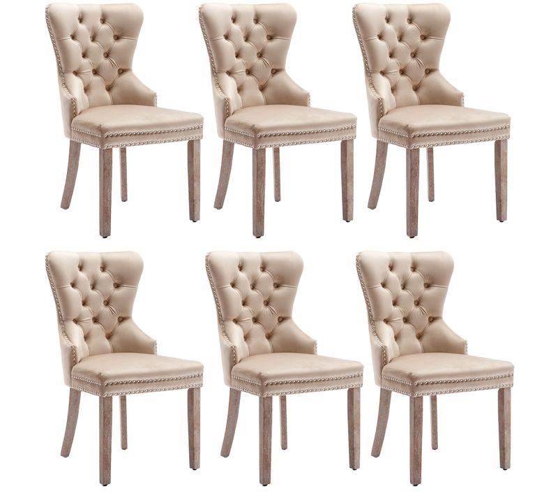 Lot De 6 Chaises Velours Beige – Pieds En Bois, Poignée Heurtoir Et Clous Décoratifs