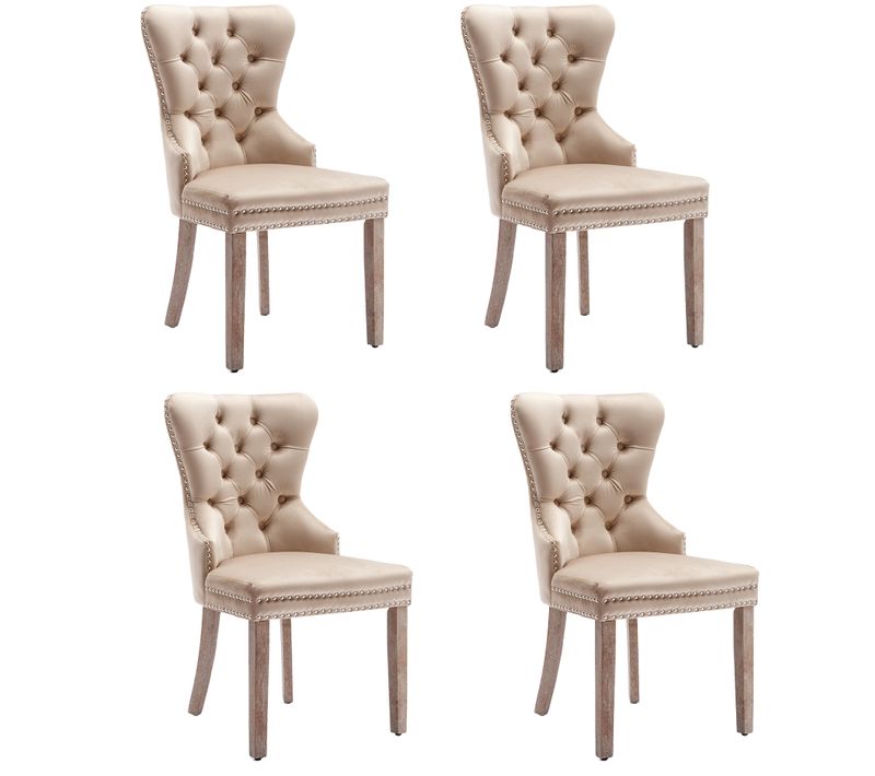 Lot De 4 Chaises En Velours Beige, Pieds En Bois, Clous Décoratifs Et Poignée Ronde Arrière