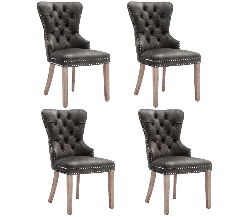 Chaise Velours Gris 4 Pièces, Pieds Réglables En Bois, Clous Décoratifs Et Heurtoir Arrière